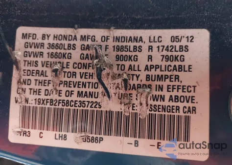 2012 Honda Civic Lx from USA, damaged, VIN 19XFB2F58CE357229